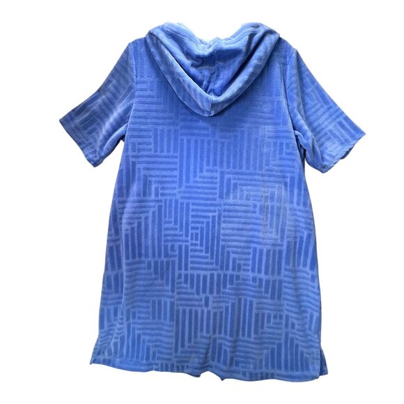 Stan Herman Womens Hooded Full Zip Bath Robe PL Blue Plush Pockets Short Sleeve - Picture 2 of 11